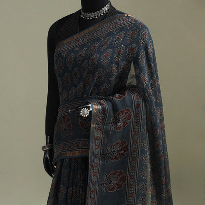 Multicolor Azrak Print Mul Cotton Saree With Unstitched Blouse Piece