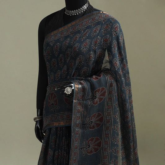 Multicolor Azrak Print Mul Cotton Saree With Unstitched Blouse Piece