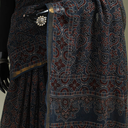 Multicolor Azrak Print Mul Cotton Saree With Unstitched Blouse Piece