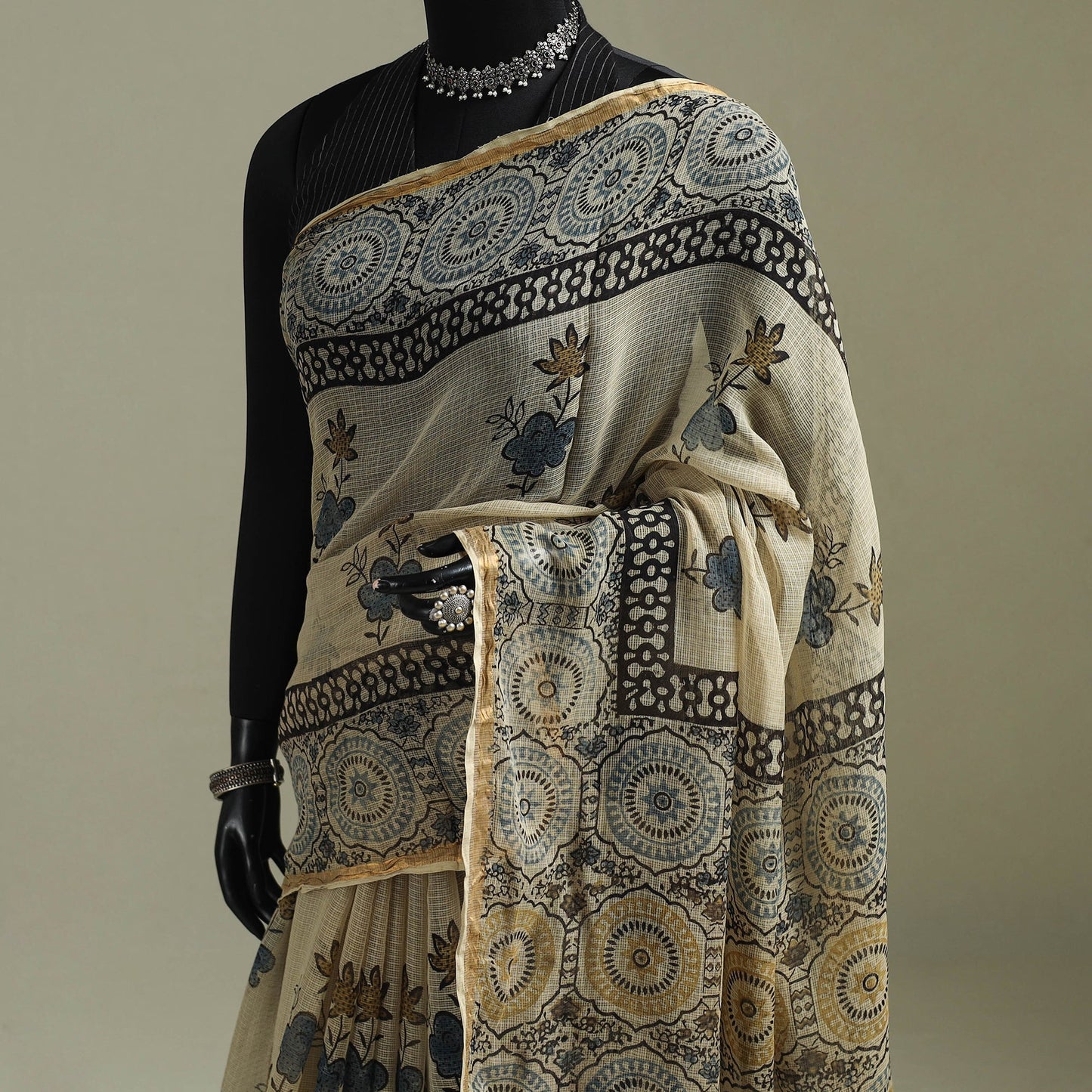 Multicolor Azrak Print Mul Cotton Saree With Unstitched Blouse Piece