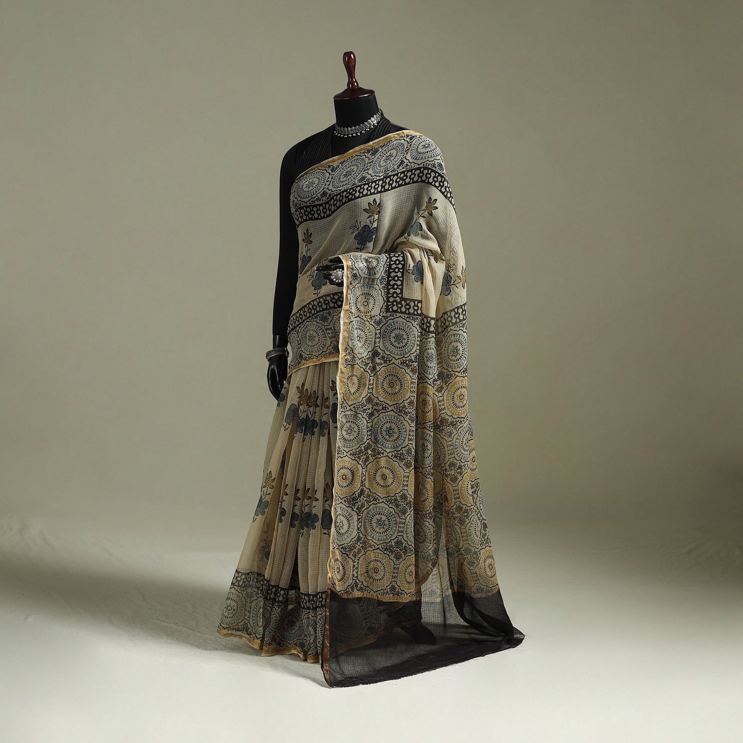 Multicolor Azrak Print Mul Cotton Saree With Unstitched Blouse Piece