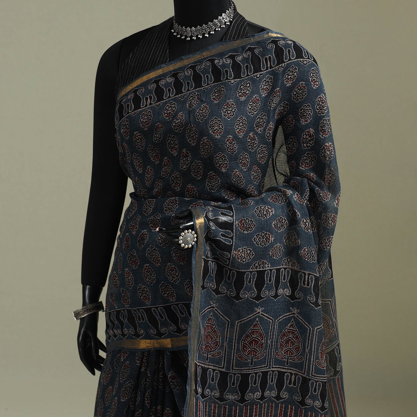 Multicolor Azrak Print Mul Cotton Saree With Unstitched Blouse Piece