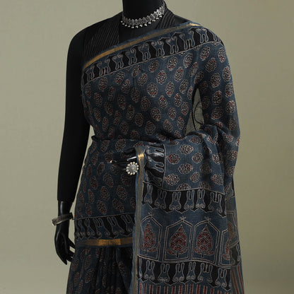 Multicolor Azrak Print Mul Cotton Saree With Unstitched Blouse Piece