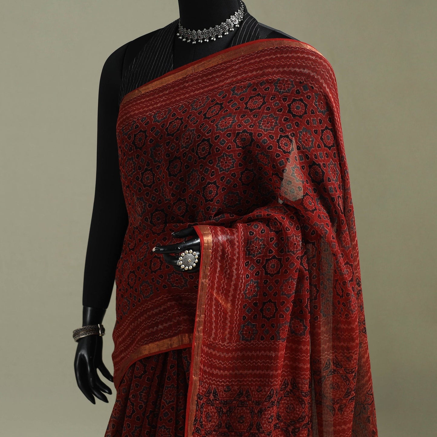 Multicolor Azrak Print Mul Cotton Saree With Unstitched Blouse Piece