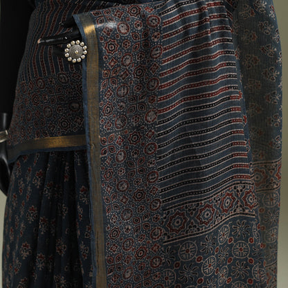 Multicolor Azrak Print Mul Cotton Saree With Unstitched Blouse Piece