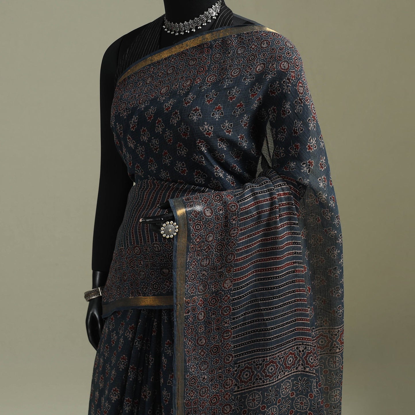 Multicolor Azrak Print Mul Cotton Saree With Unstitched Blouse Piece