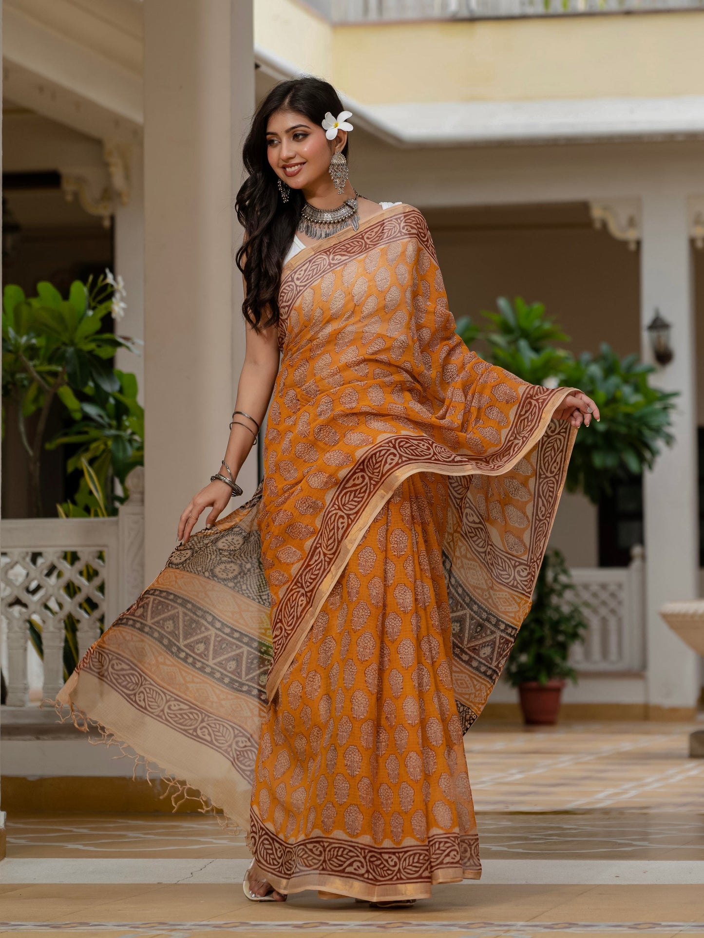 Maroon Flower Print Cotton Saree