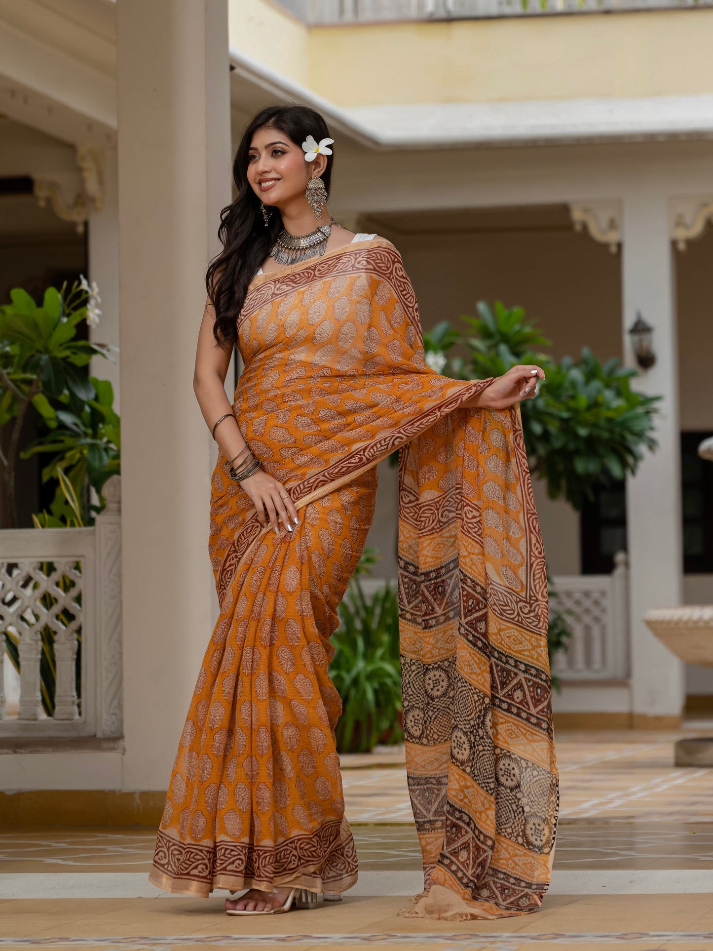 Maroon Flower Print Cotton Saree