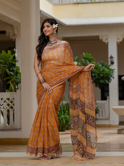 Maroon Flower Print Cotton Saree
