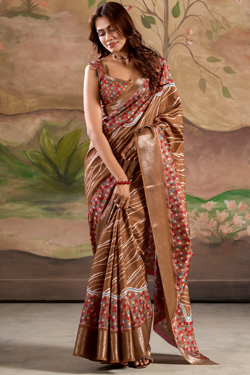 Sophisticated Brown Digital Printed Dola Silk Saree With Pretty Blouse Piece