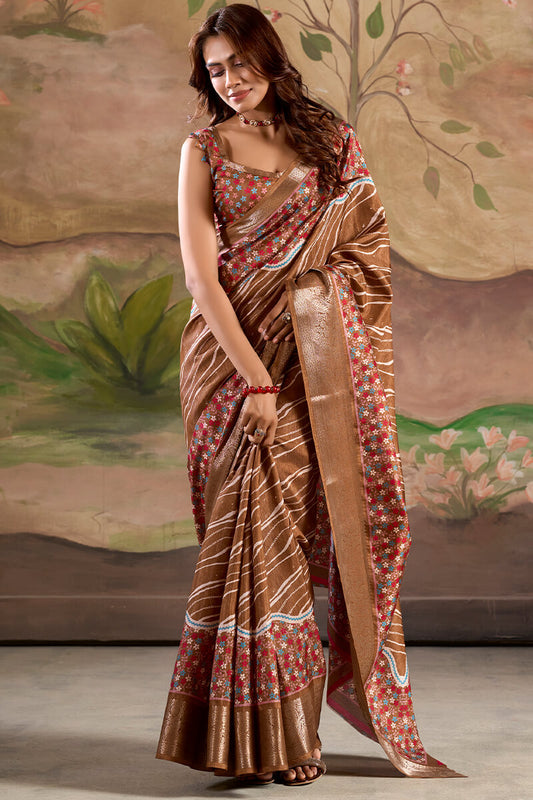 Sophisticated Brown Digital Printed Dola Silk Saree With Pretty Blouse Piece