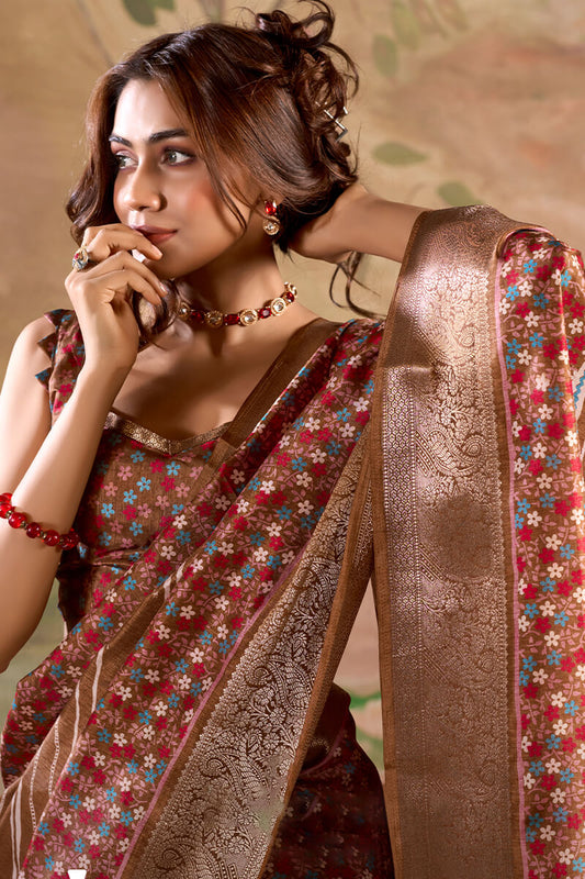 Sophisticated Brown Digital Printed Dola Silk Saree With Pretty Blouse Piece