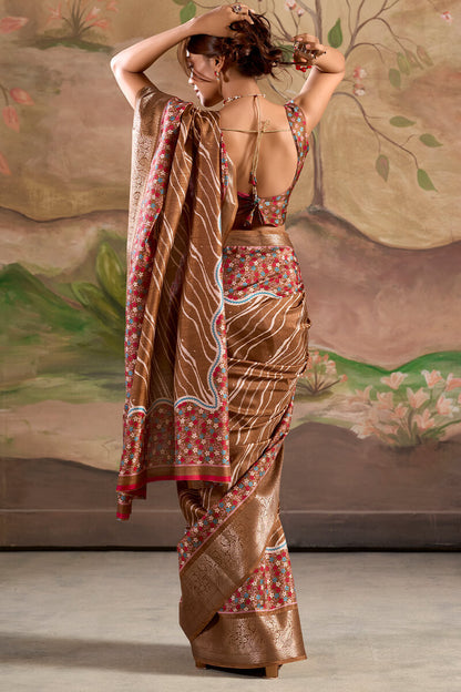 Sophisticated Brown Digital Printed Dola Silk Saree With Pretty Blouse Piece