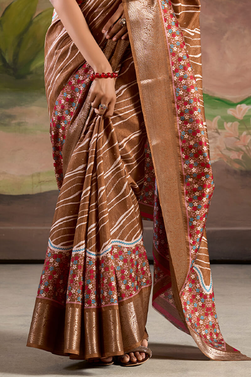 Sophisticated Brown Digital Printed Dola Silk Saree With Pretty Blouse Piece