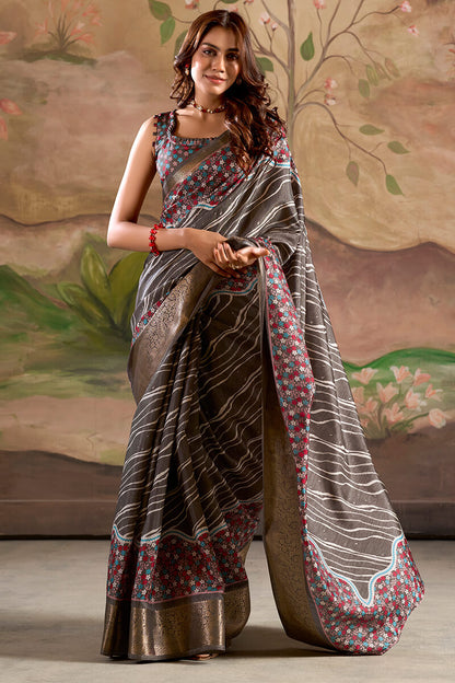 Sophisticated Dark Grey Digital Printed Dola Silk Saree With Designer Blouse Piece