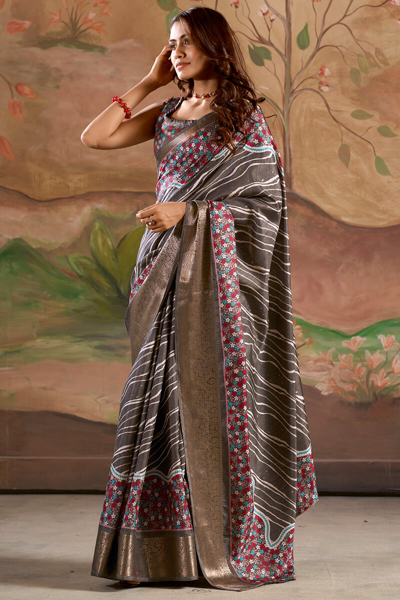 Sophisticated Dark Grey Digital Printed Dola Silk Saree With Designer Blouse Piece
