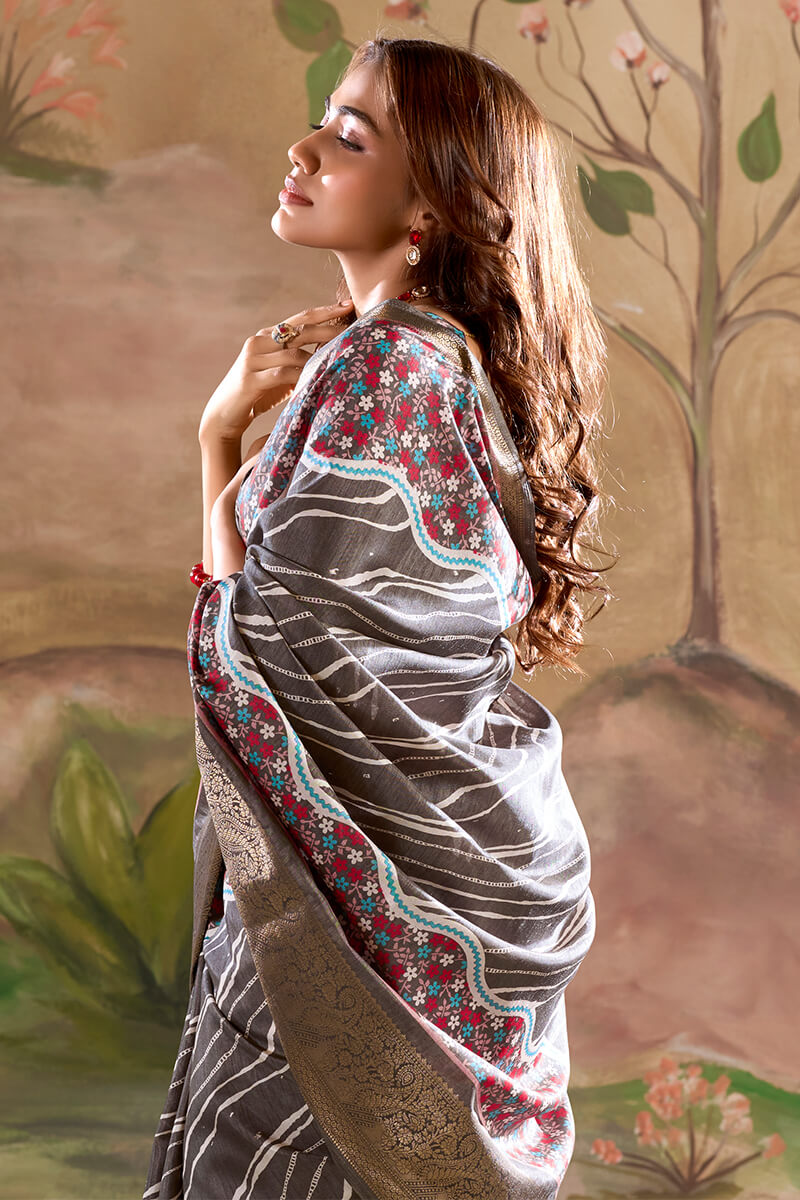 Sophisticated Dark Grey Digital Printed Dola Silk Saree With Designer Blouse Piece