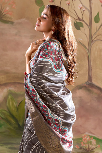 Sophisticated Dark Grey Digital Printed Dola Silk Saree With Designer Blouse Piece