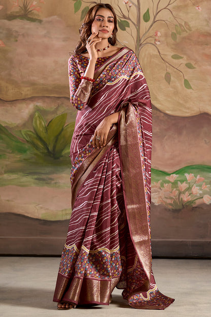 Regal Wine Digital Printed Dola Silk Saree With Designer Blouse Piece for Festive Wear