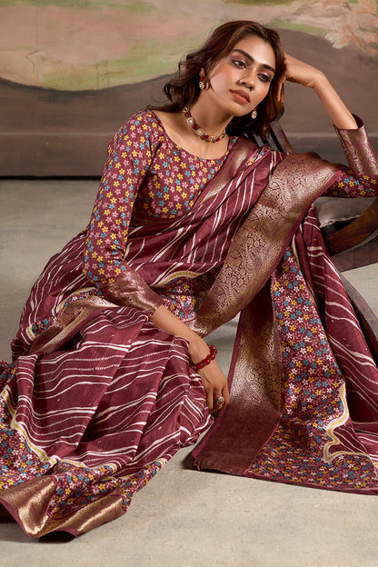 Regal Wine Digital Printed Dola Silk Saree With Designer Blouse Piece for Festive Wear