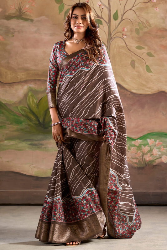 Radiant Brown Digital Printed Dola Silk Saree With Trendy Designer Blouse Piece