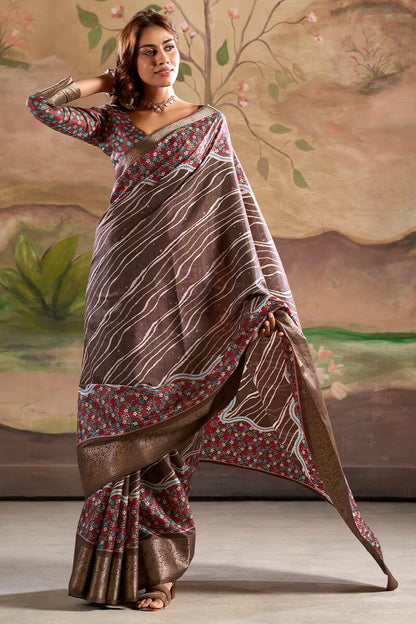 Radiant Brown Digital Printed Dola Silk Saree With Trendy Designer Blouse Piece