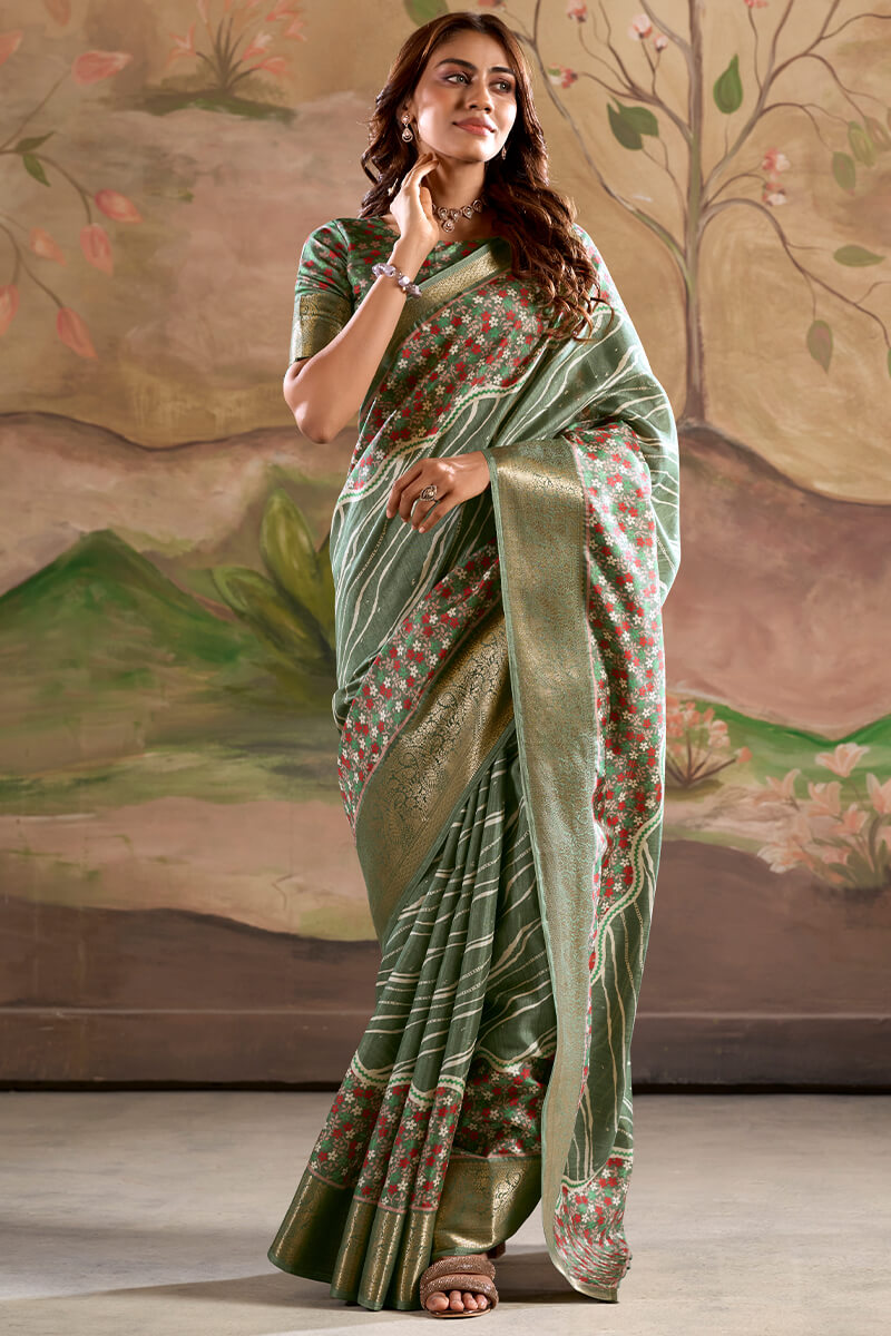 Classy Green Digital Printed Dola Silk Saree With Stylish Designer Blouse Piece