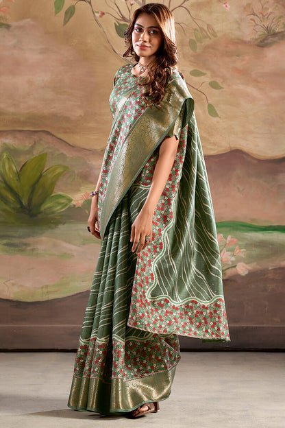Classy Green Digital Printed Dola Silk Saree With Stylish Designer Blouse Piece