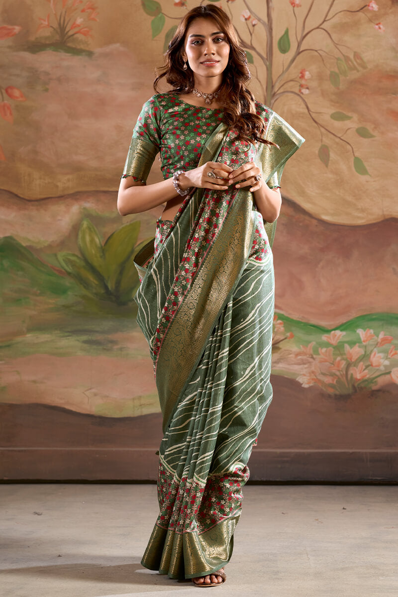 Classy Green Digital Printed Dola Silk Saree With Stylish Designer Blouse Piece
