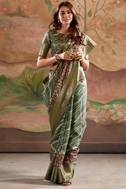 Classy Green Digital Printed Dola Silk Saree With Stylish Designer Blouse Piece
