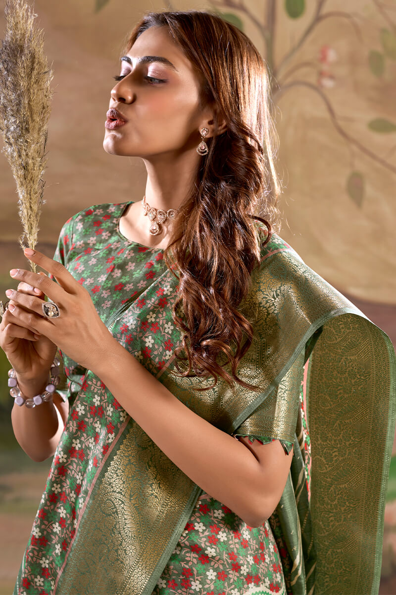 Classy Green Digital Printed Dola Silk Saree With Stylish Designer Blouse Piece