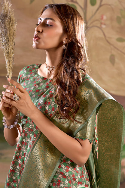 Classy Green Digital Printed Dola Silk Saree With Stylish Designer Blouse Piece
