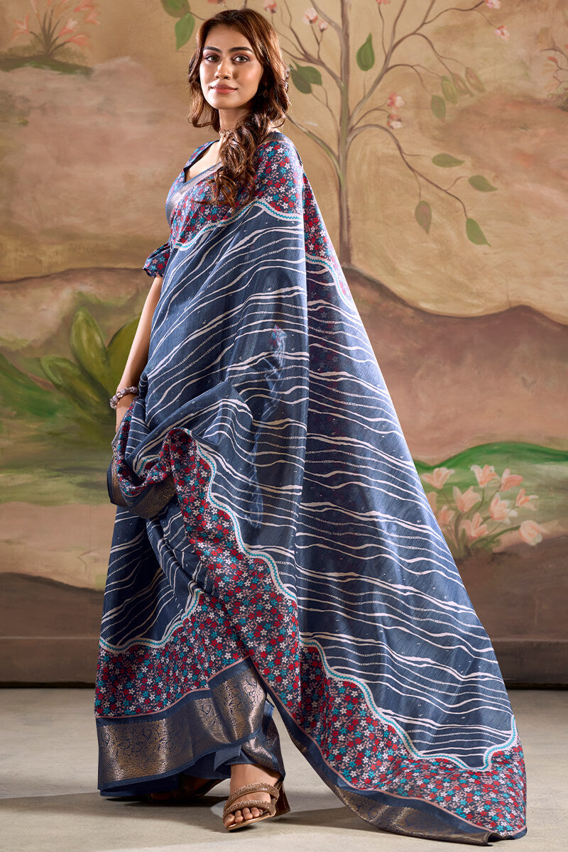 Luxury Blue Digital Printed Dola Silk Saree With Fancy Designer Blouse Piece