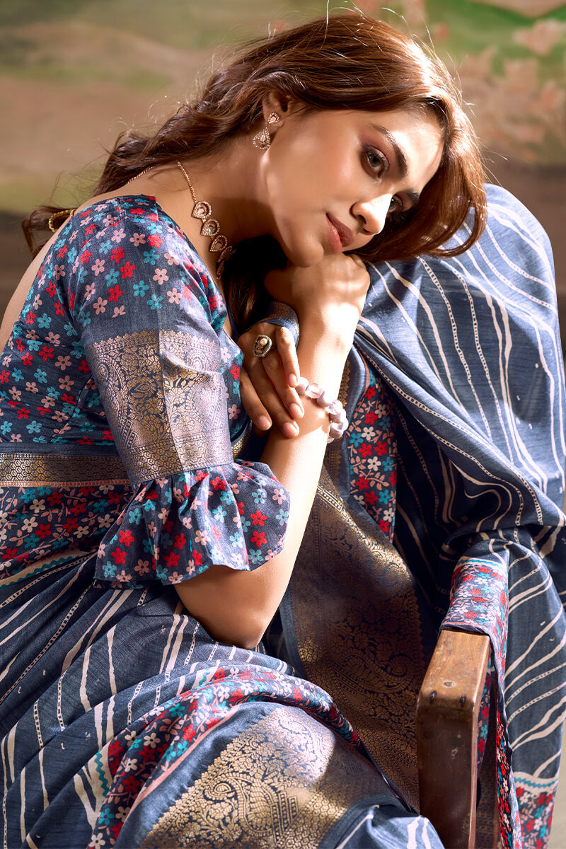 Luxury Blue Digital Printed Dola Silk Saree With Fancy Designer Blouse Piece