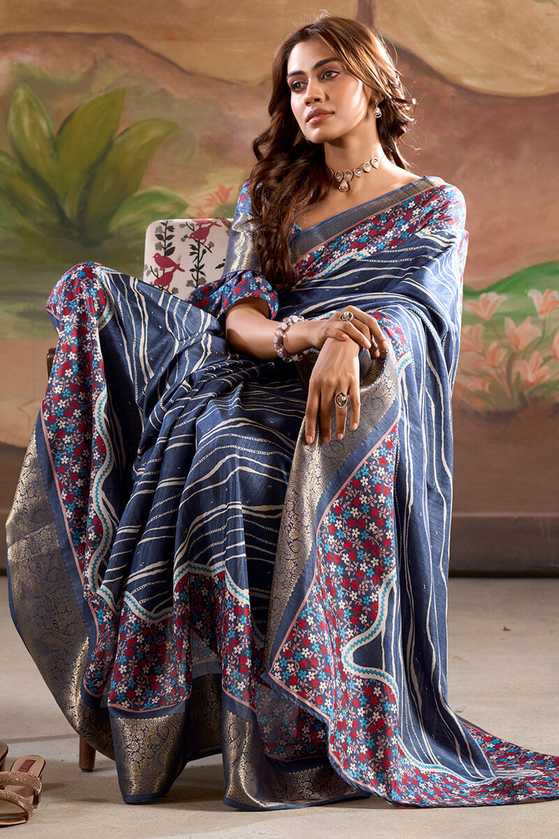 Luxury Blue Digital Printed Dola Silk Saree With Fancy Designer Blouse Piece