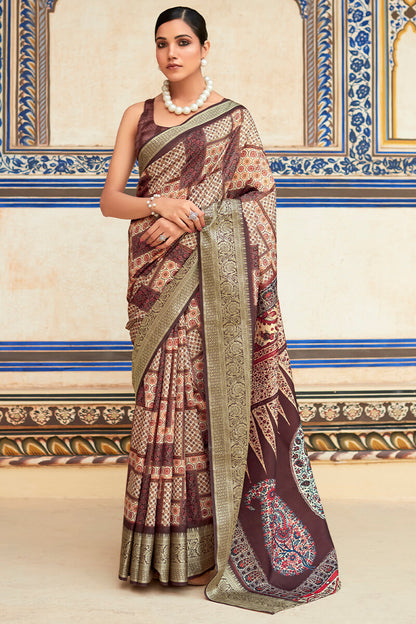 Elegant Wine Digital Printed Dola Silk Saree With Supernal Designer Blouse Piece