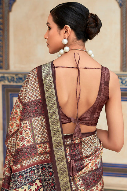 Elegant Wine Digital Printed Dola Silk Saree With Supernal Designer Blouse Piece