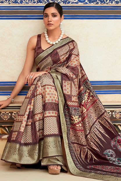 Elegant Wine Digital Printed Dola Silk Saree With Supernal Designer Blouse Piece