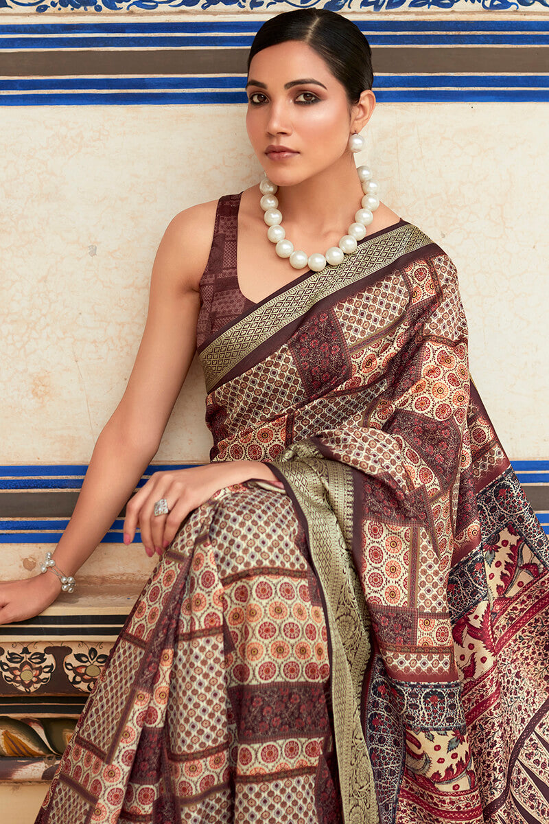Elegant Wine Digital Printed Dola Silk Saree With Supernal Designer Blouse Piece