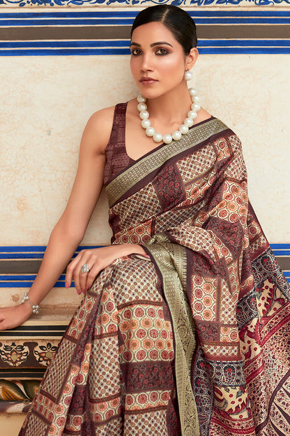 Elegant Wine Digital Printed Dola Silk Saree With Supernal Designer Blouse Piece