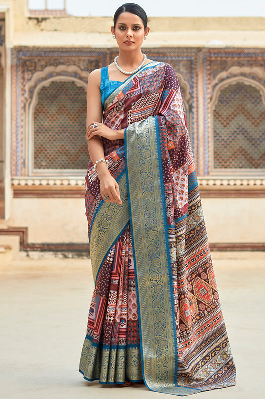 Luxury Wine Digital Printed Dola Silk Saree With Designer Blouse Piece for Party Wear