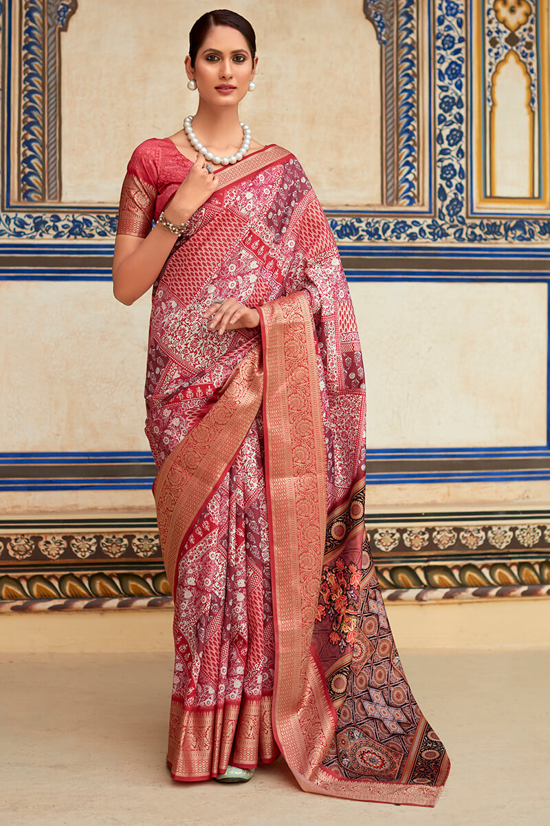 Elegant Maroon Dola Silk Saree With Digital Floral Print & Blouse Piece
