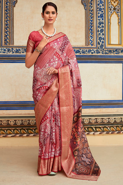 Luxury Maroon Digital Printed Dola Silk Saree With Elegant Designer Blouse Piece
