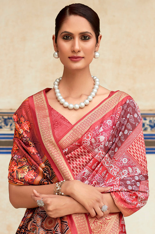 Elegant Maroon Dola Silk Saree With Digital Floral Print & Blouse Piece