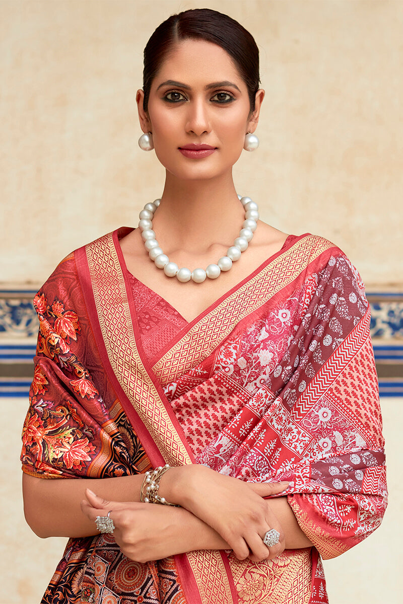 Luxury Maroon Digital Printed Dola Silk Saree With Elegant Designer Blouse Piece