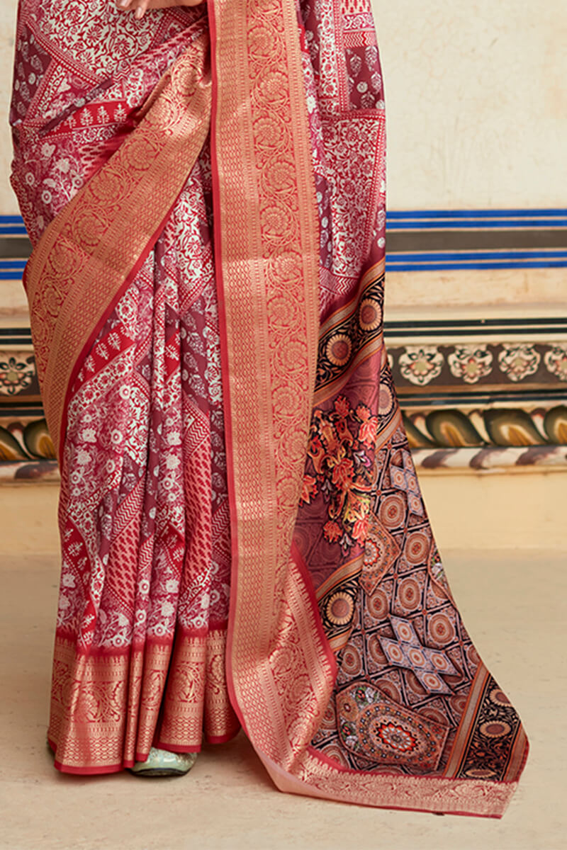 Luxury Maroon Digital Printed Dola Silk Saree With Elegant Designer Blouse Piece