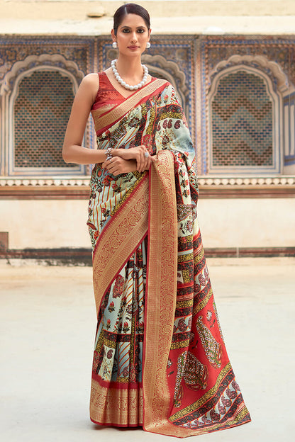 Elegant Beige Dola Silk Saree With Digital Floral Print & Blouse Piece DLS004