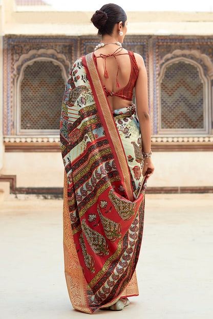 Elegant Beige Dola Silk Saree With Digital Floral Print & Blouse Piece DLS004