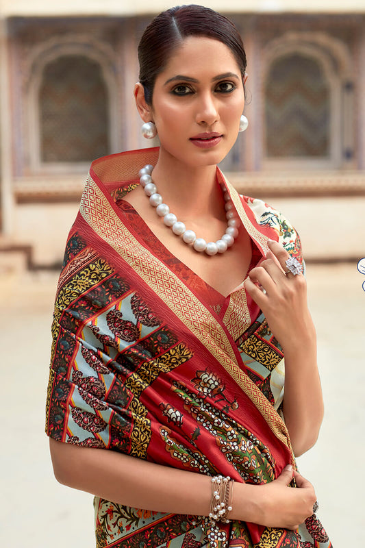 Elegant Beige Dola Silk Saree With Digital Floral Print & Blouse Piece DLS004