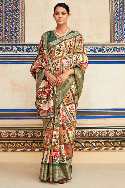 Designer Beige Digital Print Dola Silk Saree With Unstitched Blouse Piece